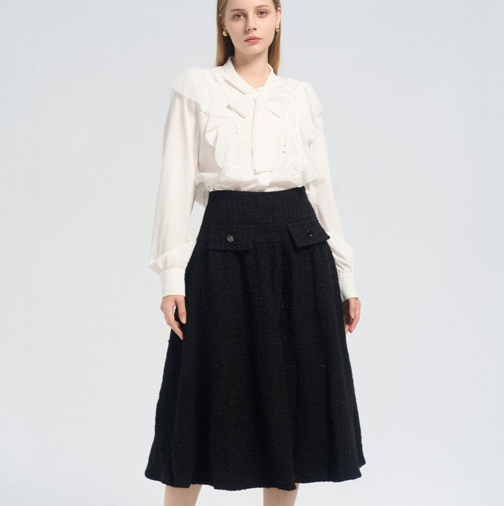 High Waist Tweed Midi Skirt